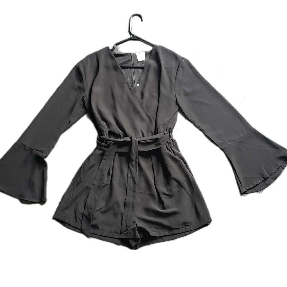 Black Long Bell Sleeve Romper Suit w/ Tie Belt Waist - Goth Kimono Style